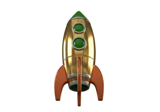 3d render of a retro golden toy rocket isolated on transparent background
