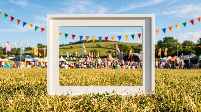 White picture frame standing on green grass framing an outdoor festival with colorful bunting flags festival landscape