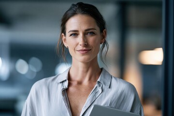 Obraz premium Smiling businesswoman holding a laptop in a modern office.