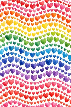 Watercolor rainbow hearts pattern background, vibrant colorful heart shapes design.