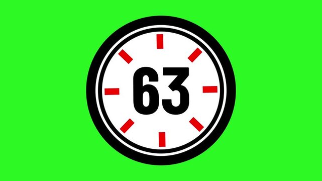 Animated number 63 with circular graphic elements on green screen ideal for chroma key editing, motion graphics, presentations. 63 days to go. 63 days left