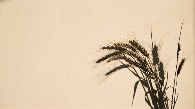 Minimalist wheat stalks casting shadows on a beige textured wall background