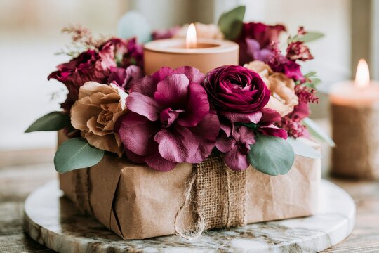 Mini flower arrangement, in an overhead layout with tactile materials, soft shadows and refined