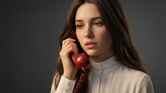 Thoughtful young woman holding a vintage red telephone handset to her ear with telephone listening communication
