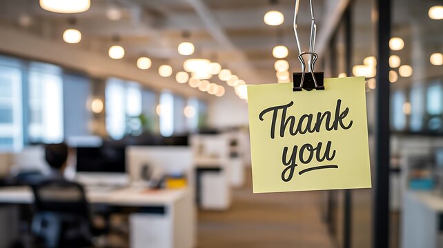 Thank you note hanging in a modern office to express appreciation and gratitude