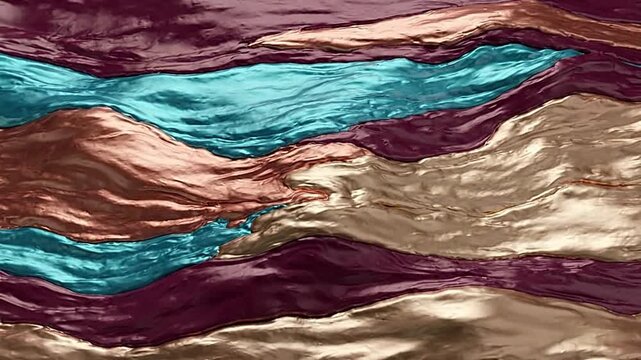Liquid metal motion animation featuring flowing waves of vibrant copper gold and rich teal color gradients