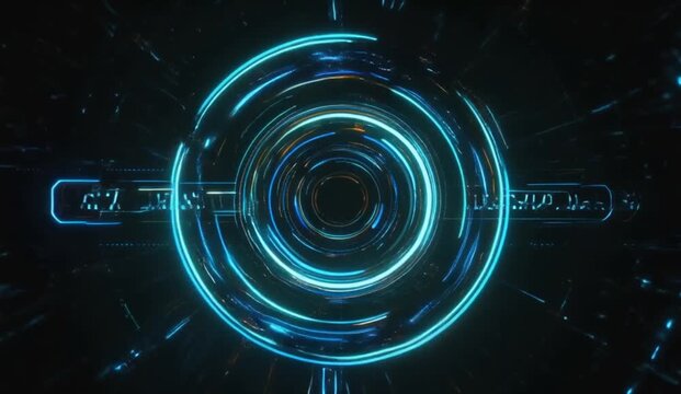 Glowing geometric shapes, circular targeting rings, angular grids, abstract numerical indicators, data symbols, thin technical lines, and holographic interface elements