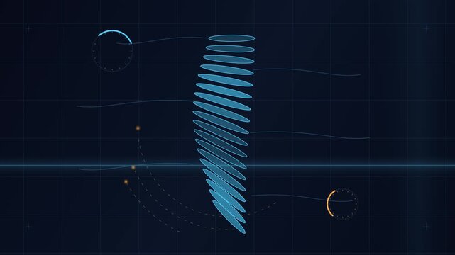 Abstract blue digital HUD interface with rotating architectural wireframe and data graphs