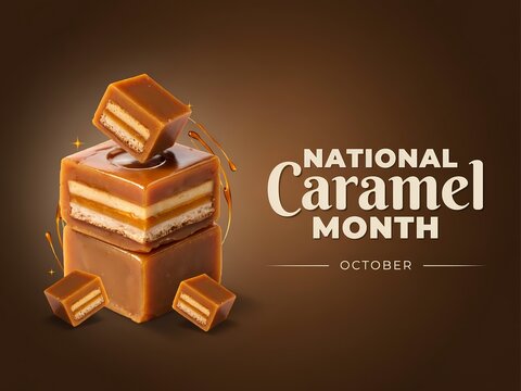 National caramel month celebration poster with a delicious layered chocolate caramel cake square