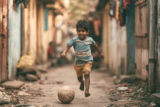 Brazilian boy playing soccer in a favela.