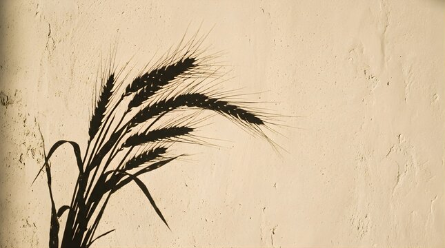 Silhouette shadow of wheat stalks on a textured beige plaster wall
