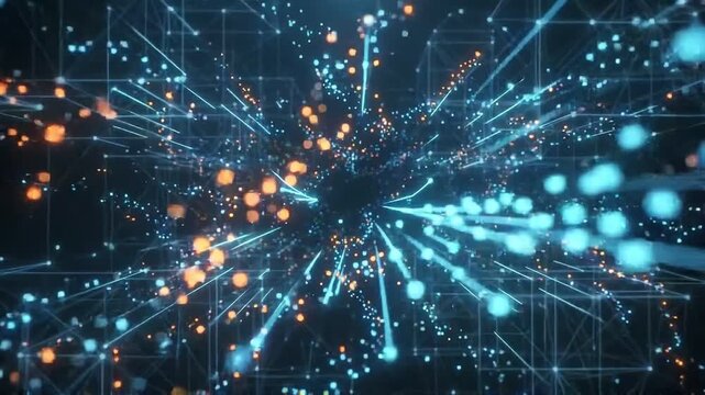 Futuristic digital data network flying through glowing particles