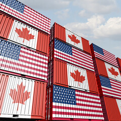 Canada and United States trade war and tariff dispute affecting North American trade cross border commerce economic relations imports and exports under the USMCA and North American trade agreements. © freshidea