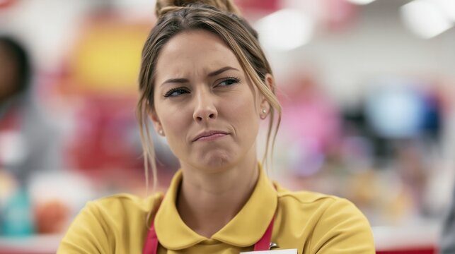 Annoyed by the salesperson at the department store checkout.