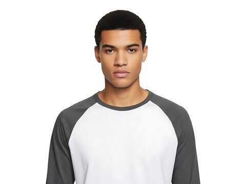 Portrait of a young man wearing a white and grey baseball style long sleeve