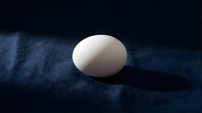 Single white egg centered on dark blue textured surface with shadow