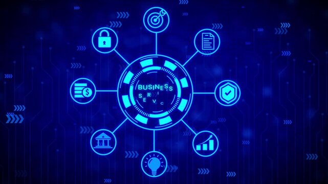 Futuristic digital interface with glowing neon blue circuit board patterns and interconnected abstract representing data analysis target achievement and information flow on a dark blue background
