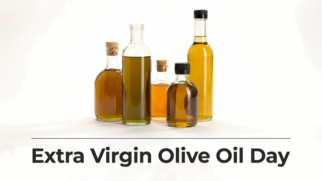 Group of glass bottles filled with fresh golden extra virgin olive oil for cooking and healthy food