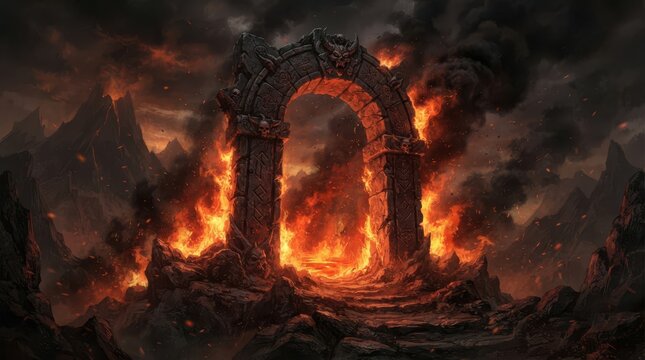 Epic fantasy portal, demonic gateway engulfed in fire, hellish landscape, dark ominous clouds, ancient stone archway, destruction.