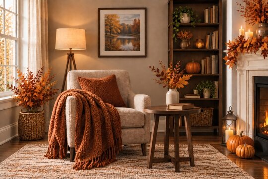 Cozy Autumn Reading Room with Armchair, Blanket, and Pumpkin Accents