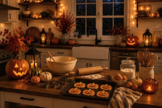 Halloween Kitchen Baking Scene with Pumpkin Cookies and Autumn Decor