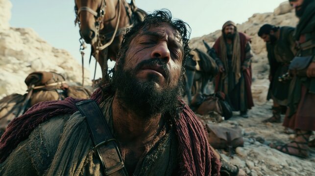 Saul on the road to Damascus, suddenly struck by an intense heavenly light from the sky, collapsing to the ground.