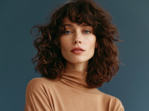 Fashion model with curly hair and bangs.