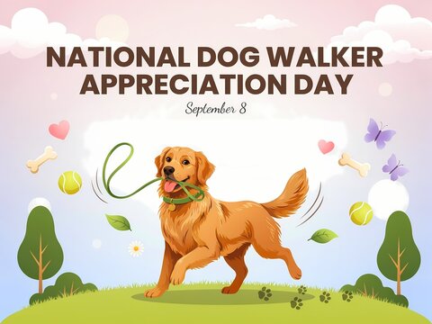 National dog walker appreciation day celebration with a happy golden retriever dog in the park
