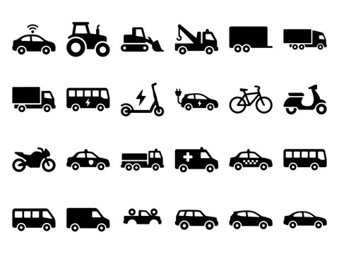Set of vehicle and transport silhouettes icons and pictograms with pictogram transport motorcycle collection ambulance