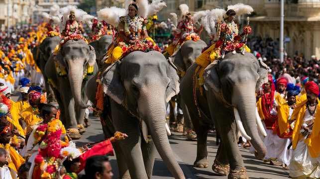 Traditional Procession Featuring Decorated Elephants During The Grand Mysore Dasara Festival