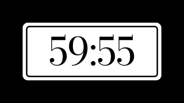 Countdown timer from 60 minute to 59 minute on black background suitable for time management, productivity, deadlines, presentations