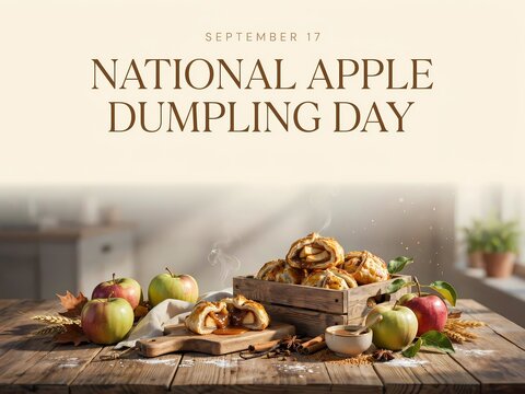 National apple dumpling day celebration with fresh baked pastries and fruit on a wooden table