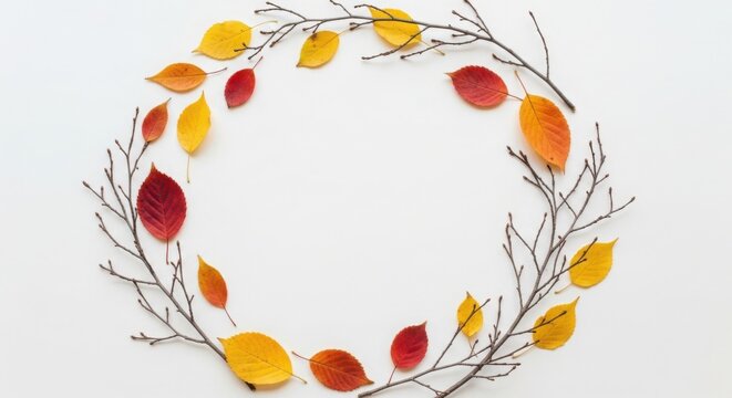 Circular wreath made of autumn branches and multicolored fall leaves isolated on a plain white background for design