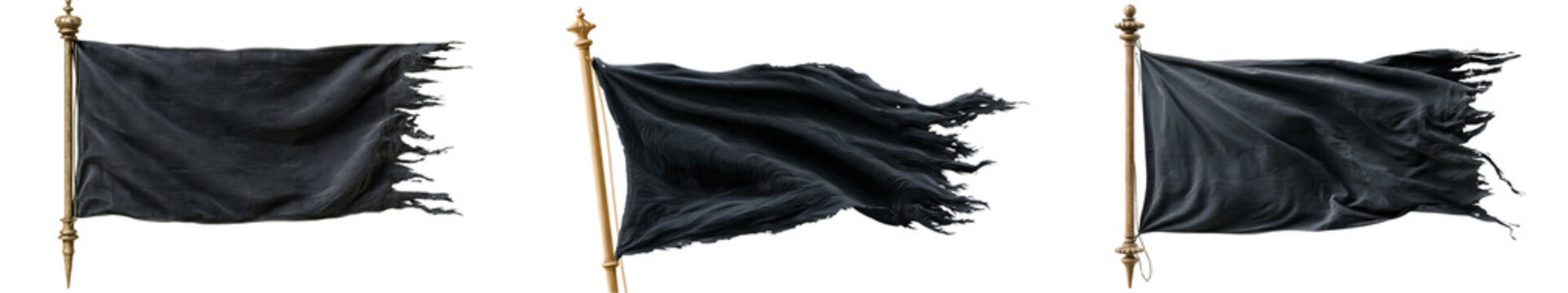 Three tattered black flags on poles isolated on transparent background