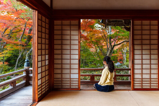 solo female traveler sitting on a traditional wooden terrace, admiring a serene autumn garden with red maple leaves at a Zen temple in Kyoto, Japan