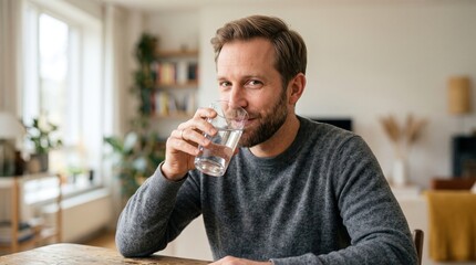 Fototapeta premium Man drinking clear water from a transparent glass at a wooden table in a brightly lit indoor setting for hydration and well-being.