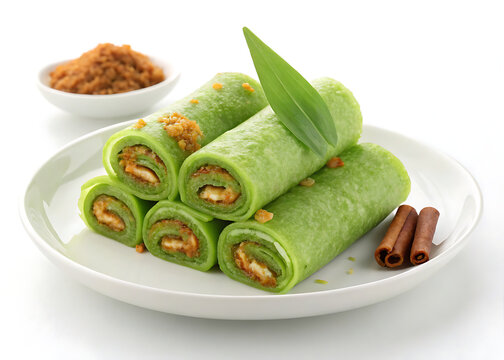 Dadar Gulung  Indonesian pandan crepes rolled around sweet coconut palm sugar filling  vivid green exterior 