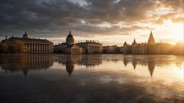 Cinematic Urban Weather Timelapse Background Cityscape Featuring Historic Riverside Architecture, Dramatic Clouds, Golden Sunlight, Warm Evening Light, and Calm Water Reflection