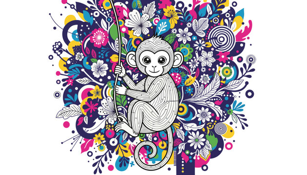 Adorable grey cartoon monkey climbs a vine amidst an explosion of colorful, intricately patterned flowers and leaves.