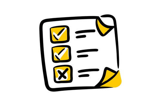 Checklist with three items, two marked with a checkmark and one with an X mark. The checklist is drawn in a simple, cartoonish style with yellow and white colors.