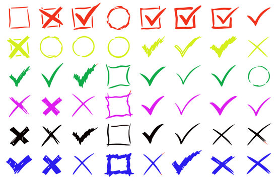 A collection of hand-drawn checkmarks, crosses, and circles in various colors. Each mark is unique and conveys a sense of decision-making or selection.