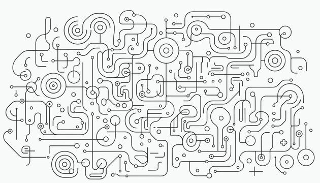 Intricate electronic circuit board maze line art with black connections and circles on a clean light grey background.
