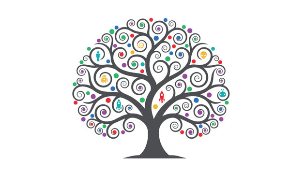 Black spiral-branched tree decorated with colorful circles containing futuristic icons like rockets and robots.