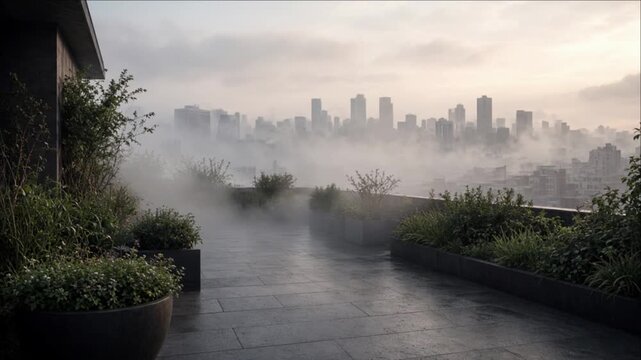 Cinematic Urban Weather Timelapse Background with Misty City Skyline Beyond Rooftop Garden Walkway, Lush Planters, Reflective Pavement, Gray Cloudy Sky, Soft Morning Light, Tranquil Atmosphere