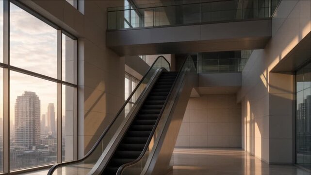 Cinematic urban weather timelapse featuring empty escalator inside modern glass building interior, warm sunlight, city skyline beyond windows, atmospheric architectural background scenery