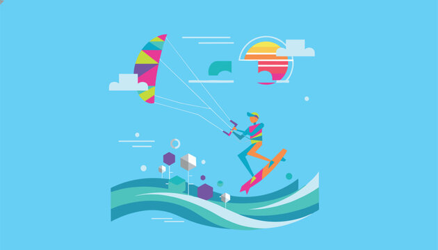 Creative vector illustration of a kite surfer riding on ocean waves against a stylized sun and blue sky background.