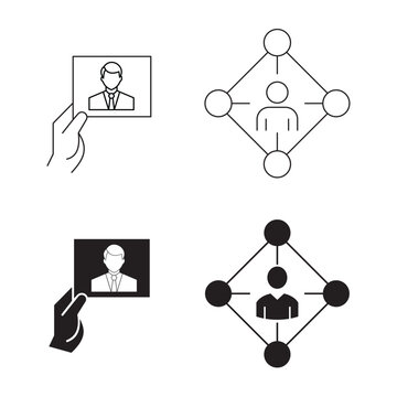 Employee photo card and social network structure icons set for business.Editable stroke, Vector illustration, Line art Icon, Symbols.