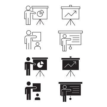 Business presentation and training icons set with chart whiteboard.Editable stroke, Vector illustration, Line art Icon, Symbols.