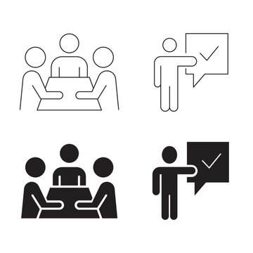 Business conference meeting and approved speech bubble icons set.Editable stroke, Vector illustration, Line art Icon, Symbols.