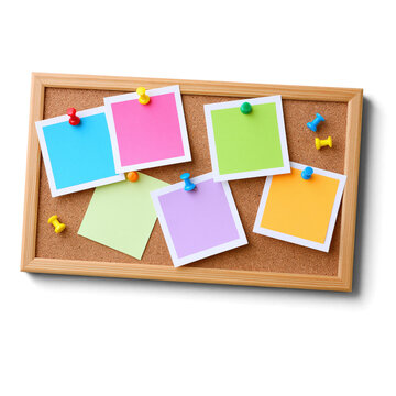 Colorful square memo cards fastened to a wooden framed cork surface isolated on transparent background png element